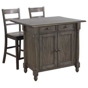 Shades of Gray Expandable Drop Leaf Kitchen Island Set With 2 Stools
