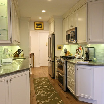 Transitional Galley Kitchen Remodel | Soft-White Cabinets & Glass Tile Backsplas