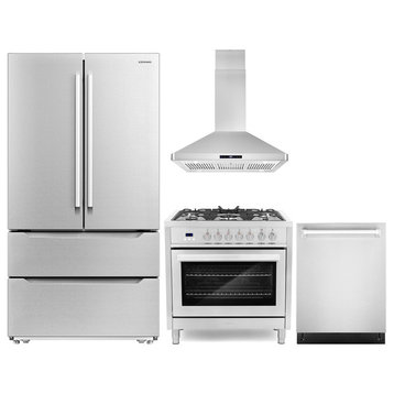 4PC 36" Range 36" Range Hood 24" Dishwasher & Refrigerator