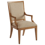 Barclay Butera - Eastbluff Upholstered Arm Chair - The classic design of the Eastbluff dining chair marries a wooden frame, shown in the Sandstone finish with welted upholstered panels on the inside and outside back of the piece. The design comes standard in the Ventura pattern 423311, and is also available in the Sailcoth finish as 921-881-01.