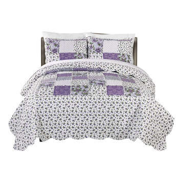 MHF Home Brenna 3-piece Reversible Floral Patchwork Quilt Set, Lavender, Full/Qu