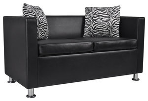vidaXL Sofa 2-Seater Black Artificial Leather Living Room Furniture w/ Pillows