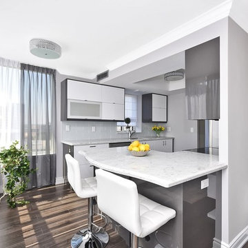 Condo kitchen counter top. Traditional design. Quartz cool colors.