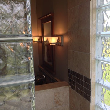 Glass block shower view towards the bathroom