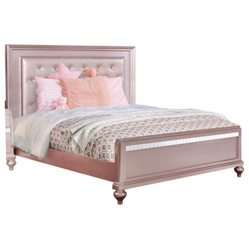 Benzara BM217489 Button Tufted Full Size Bed, Leatherette Headboard, Rose Gold