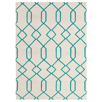 Lima Contemporary Area Rug, White and Teal, 5'x7'