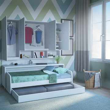 Compact Twin XL Sofa bed and Cabinets Wall System