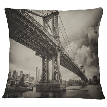 Manhattan Bridge in Dark Gray Cityscape Photo Throw Pillow, 18"x18"