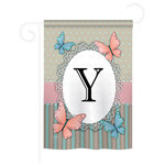 Breeze Decor - Butterflies Y Monogram 2-Sided Impression Garden Flag - Size: 13 Inches By 18.5 Inches - With A 3" Pole Sleeve. All Weather Resistant Pro Guard Polyester Soft to the Touch Material. Designed to Hang Vertically. Double Sided - Reads Correctly on Both Sides. Original Artwork Licensed by Breeze Decor. Eco Friendly Procedures. Proudly Produced in the United States of America. Pole Not Included.