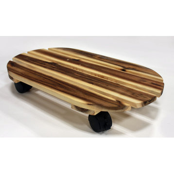 18" Acacia Wood Oval Caddy With Rolling Casters And Locks