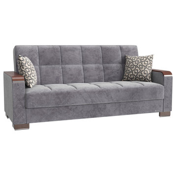 Modern Sleeper Sofa, Wood Accented Arms, Gray Microfiber