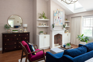 Inspiration for a large 1950s master medium tone wood floor and brown floor bedroom remodel in New York with beige walls
