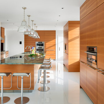 Large Eat In Kitchen - cherry cabinets white floor