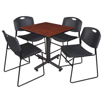 Kobe 30" Square Breakroom Table- Cherry & 4 Zeng Stack Chairs- Black