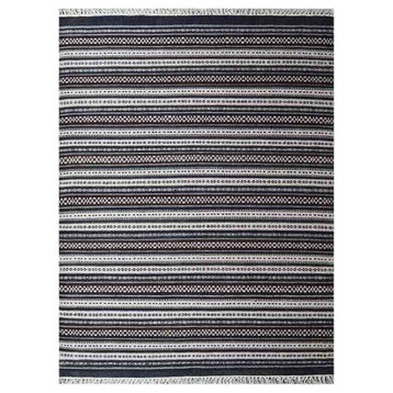 Hand Woven Flat Weave Kilim Wool Area Rug Contemporary Charcoal White