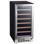 EdgeStar - EdgeStar CWR302SZ 15"W 25 Bottle Built-In Single Zone Wine Cooler - Stainless - Features: Fan-forced front ventilation allows this unit to be installed flush with surrounding cabinetry in an undercounter installation or optionally installed as free standing Slim fifteen inch width design makes it the perfect fit for replacing a trash compactor or filling other narrow undercounter spaces Touch controls and a digital display make choosing the appropriate setting a breeze The slide-out wood trimmed wire wine racks, stainless steel trimmed door, and soft LED lighting add to an overall great presentation of your collection The built-in carbon filter protects your wine by acting as a natural barrier against unpleasant odors Choose a right- or left-swinging door, opening up more options for places where this can be installed Fan-forced internal circulation prevents uneven temperature distribution as is often produced by plate-cooled units, ensuring all of your wine reaches your desired temperature and does so quickly An integrated door lock prevents tampering with your thermostat and wine collection Six (6) full size, slide-out wood-trimmed wire shelves; One (1) small slide-out wood-trimmed wire shelf The slide-out shelving can accommodate up to 25 standard size Bordeaux wine bottles For Built-In installations, please allow a minimum of 1" to 2" of clearance at the back for proper ventilation and service access. Unit must be installed in an area protected from the elements, (wind, rain, etc.), and that allows unit to be pulled forward for servicing. (See Owner&#39;s Manual for more details) 1 Year Labor, 1 Year Parts manufacturer warranty Specifications: Width: 15" Height: 32" Depth: 23-1/2" (25-1/4" w/ handle) Installation Type: Built-In or Free Standing Wine Bottle Capacity (750 ml): 25 Bulb Type: LED Door Alarm: Yes Door Lock: Yes Number Of Shelves: 7 Shelf Material: Metal Shelves with Wood Trim Reversible Door: Yes Leveling Legs: Yes With Casters: No Dimensional Drawing: