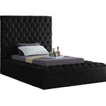 Meridian Furniture - Bliss Velvet Upholstered  Bed, Black, Twin - Extend elegance to the bedroom with this Bliss black velvet bed. This bed has a rich look, with deeply tufted upholstery along its upper platform perimeter and headboard, ensuring that it is a good fit in modern bedroom themes. Storage rails and footboard are included to ensure maximum versatility, and the bed comes with full slats, so you can use it without a box spring. The black velvet fabric used in its design makes it easy to integrate alongside other furnishings.