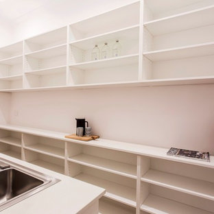 Small traditional kitchen pantry ideas - Small elegant galley kitchen pantry photo in Adelaide with a single-bowl sink, open cabinets, white cabinets and no island