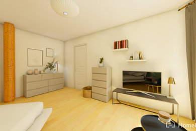 Idée de décoration pour une chambre d'amis design de taille moyenne avec un mur vert, parquet clair, aucune cheminée et un sol beige.