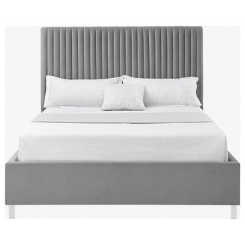 Inspired Home Shemar Bed, Velvet Upholstered Deep Channel Tufted, Grey, Queen