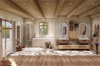 Cette photo montre une grande salle de bain principale nature en bois clair avec un placard à porte plane, une baignoire encastrée, une douche à l'italienne, un carrelage beige, un mur beige, une vasque, un sol beige, une cabine de douche à porte battante et meuble double vasque.