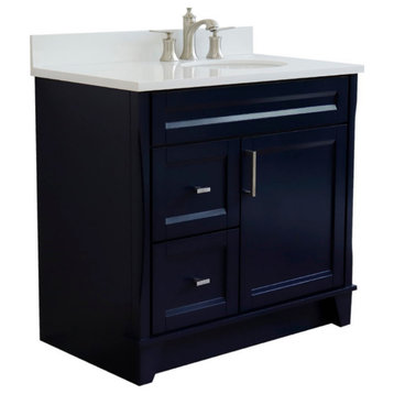 37" Single Sink Vanity, Blue Finish With White Quartz