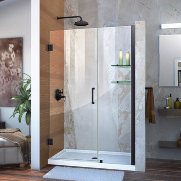 DreamLine Unidoor 44-45"W Frameless Hinged Shower Door with Shelves, Satin Black