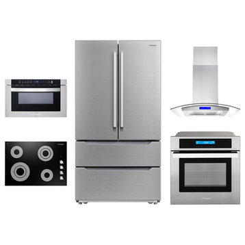 5PC, 30" Cooktop 36" Range Hood 30" Wall Oven 30" Microwave & Refrigerator