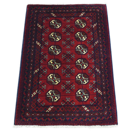 Red, Hand Knotted Afghan Khamyab Bokara, Pure Wool, Mat Rug, 2'0"x3'0"