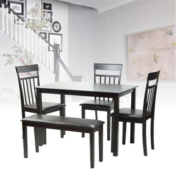 Dining Kitchen Set, Rectangular Table 3 Wooden Chairs 1 Stained Bench, Espresso