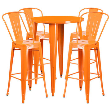 Flash Commercial Grade 30" Round Orange Metal Bar Table Set & 4 Cafe Stools