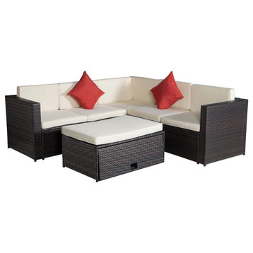 4-Piece Patio Set of Brown Poly Rattan Beige Cushion Combined with 2 Red Pillows