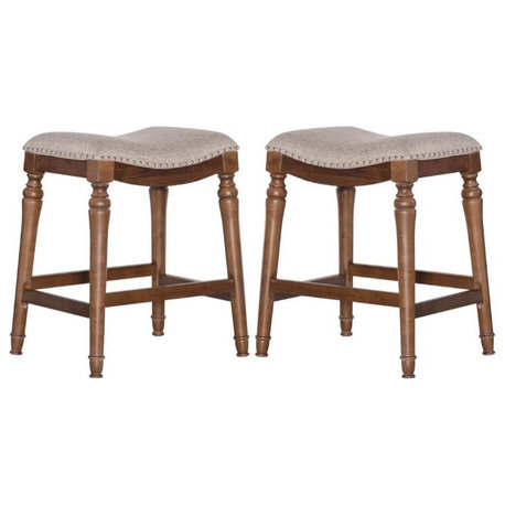 Home Square 2 Piece Saddle Polyester Upholstery Wood Counter Stool Set in Brown