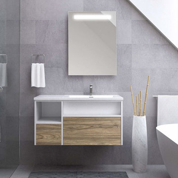 Maykke Carolyn Floating Vanity Set, Wall Mounted, White With Weathered Oak, 39"