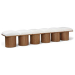 Meridian Furniture - Pavilion Black Boucle Fabric Bench, Cream, Walnut Brown Finish, 93" W X 18" D X 17.5" H - Bring valuable seating and remarkable style to your space with this cream Pavilion boucle fabric bench, an exquisite balance of style and usability for the entryway, bedroom, and beyond. Crafted from oak veneer with a walnut brown finish, this bench has a 4-inch-thick seat cushion that's channel-tufted for a touch of luxury. The bench's columnar bases add a dash of art deco design, making it a captivating focal point in any room.