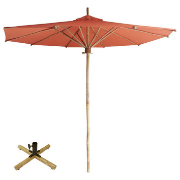 Handcrafted Bamboo Beach Patio Umbrella With Base, Dark Pottery