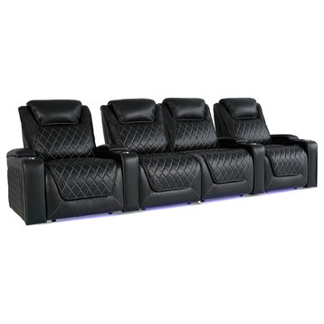 Valencia Oslo XL Top Grain Leather Home Theater Seating Power Headrest & Lumbar, Midnight Black, Row of 4 Loveseat Center