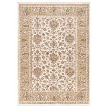 Madan Classic Border Traditional Fringed Area Rug, Gold and  Ivory, 9'10"x12'10"