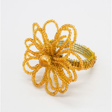 Hand Beaded Flower Design Napkin Rings, Set of 4, Gold