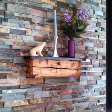 Oak, Stone and Hewn Reclaimed Oak Mantel Shelf