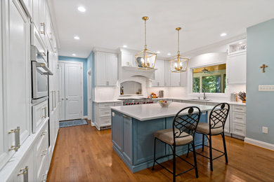Large transitional l-shaped medium tone wood floor and brown floor kitchen pantry photo in Dallas with an undermount sink, recessed-panel cabinets, white cabinets, quartz countertops, white backsplash, subway tile backsplash, paneled appliances, an island and white countertops