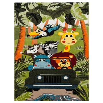 Kids Rug With Jungle Animals Safari, Green, 5'3"x7'7"