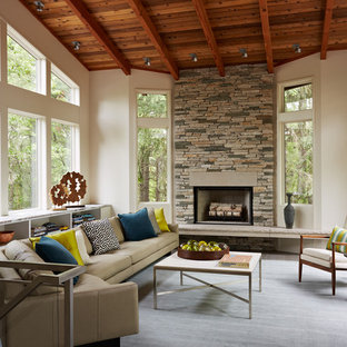 Foto di un piccolo soggiorno contemporaneo chiuso con pareti bianche, pavimento in ardesia, camino classico, cornice del camino in pietra e nessuna TV