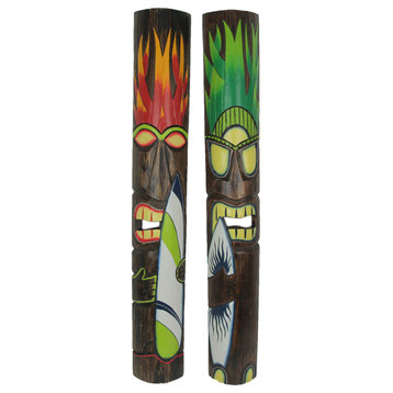 Elemental Fire and Earth Hand Crafted Wooden Surfer Tiki Wall Masks 39 Inch Set