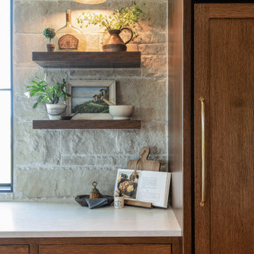 Kitchen Corner Floating Shelves & Stone Wall Backsplash