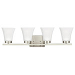 Generation Lighting Collection - Bayfield 4-Light Wall/Bath, Brushed Nickel - The Sea Gull Lighting Bayfield four light vanity fixture in brushed nickel is an ENERGY STAR qualified lighting fixture that uses fluorescent bulbs to save you both time and money. The Bayfield bath collection by Sea Gull Lighting delivers simplicity with flair. The transitional design is a subtle combination of clean lines and flared, angular Satin Etched glass shades to bring style and warmth to the bathroom no matter the budget. Offered in Chrome, Burnt Sienna and Brushed Nickel finishes, the bath lighting collection offers one-light, two-light, three-light and four-light vanity fixtures. Both incandescent lamping and ENERGY STAR-qualified LED lamping are available; all fixtures are California Title 24 compliant.