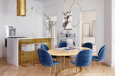 Example of a large danish light wood floor and brown floor enclosed dining room design in Moscow with white walls