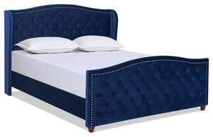 Marcella Upholstered Shelter Headboard Bed Set, Navy Blue, Queen