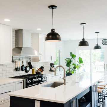 Rock Kitchen, Flooring and Custom Fireplace and Shelving Remodel