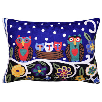 Lumbar Blue Owl Family Decorative Pillow Cover Whimsical Handmade Wool 14x20